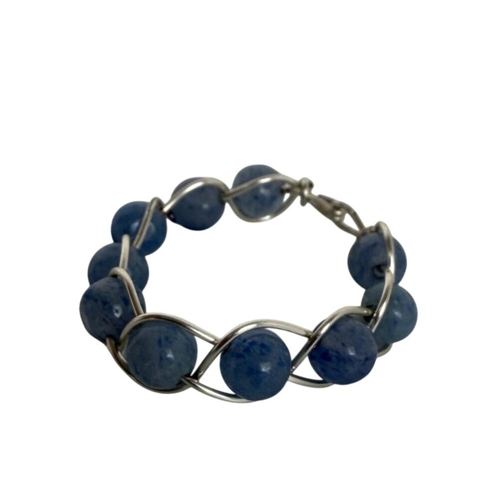 Womens Blue Aventurine Crystal Beaded Boho Delicate Silver Wire Twisted Ring 7